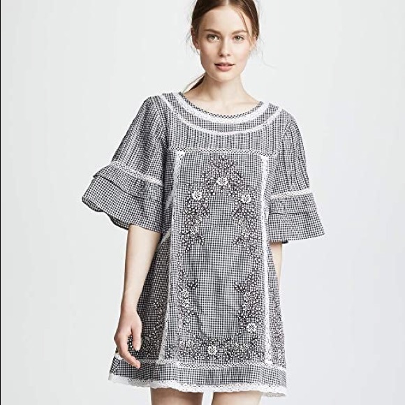 Free People dress Sunny Day Shirt mini crochet lace gingham embroidery - Picture 4 of 11